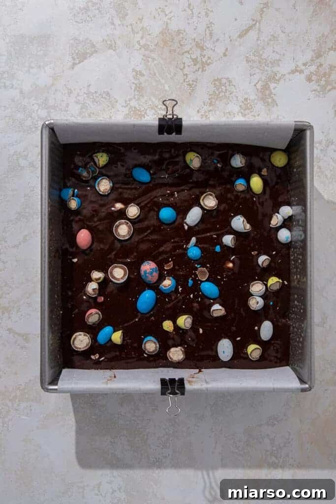 Easter mini egg brownies in baking sheet
