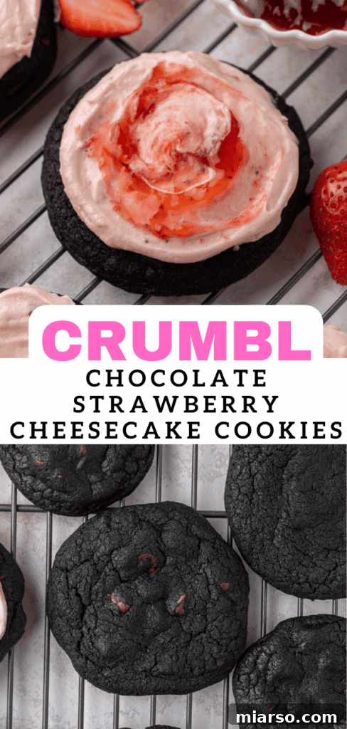 Promotional image for Crumbl chocolate strawberry cheesecake cookies, featuring a beautifully frosted cookie.