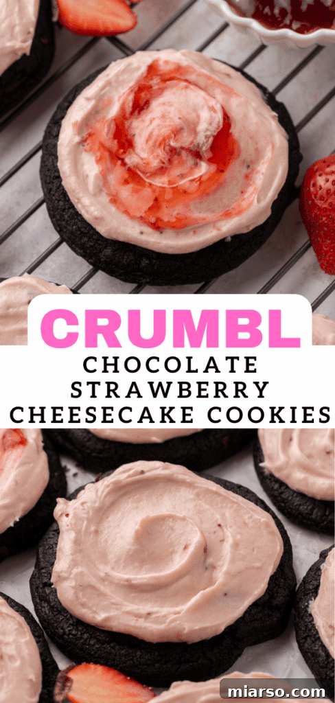 Another enticing image of homemade Crumbl chocolate strawberry cheesecake cookies, perfect for social media sharing.