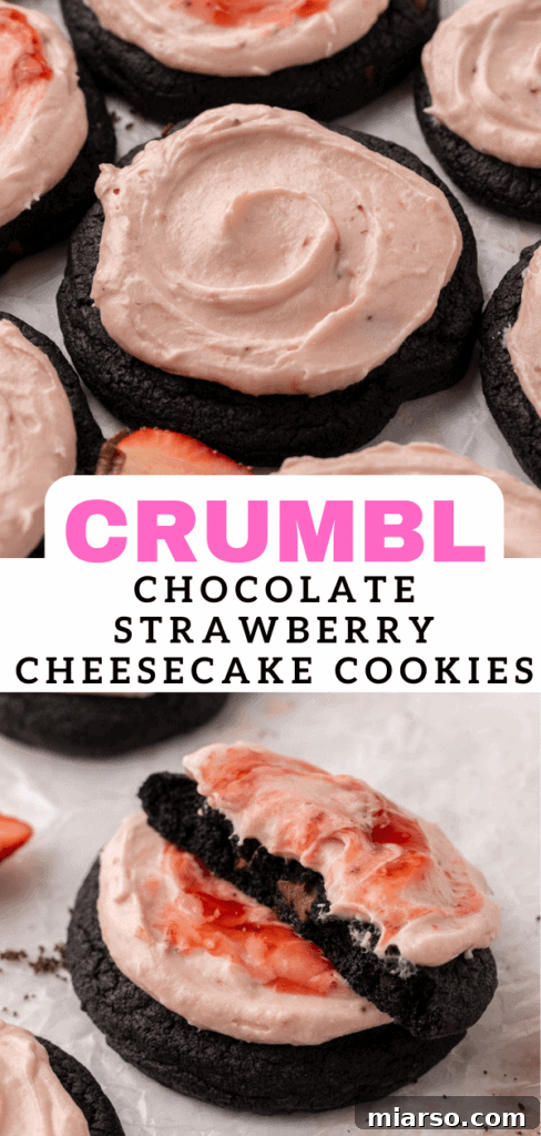 A collection of Crumbl chocolate strawberry cheesecake cookies, ready to be pinned as a recipe idea.