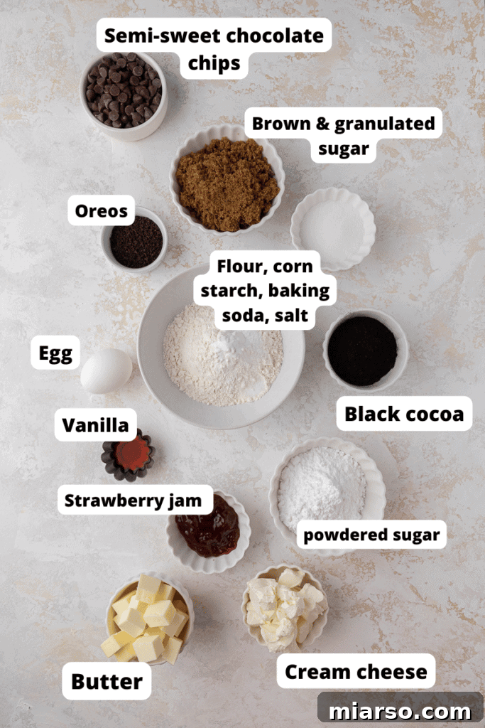 All the essential ingredients neatly arranged for making Crumbl chocolate strawberry cheesecake cookies.