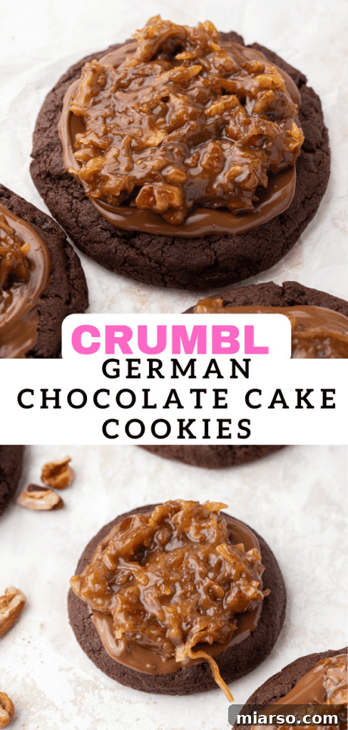 Crumbl German Chocolate Cake Cookies on a plate with text overlay