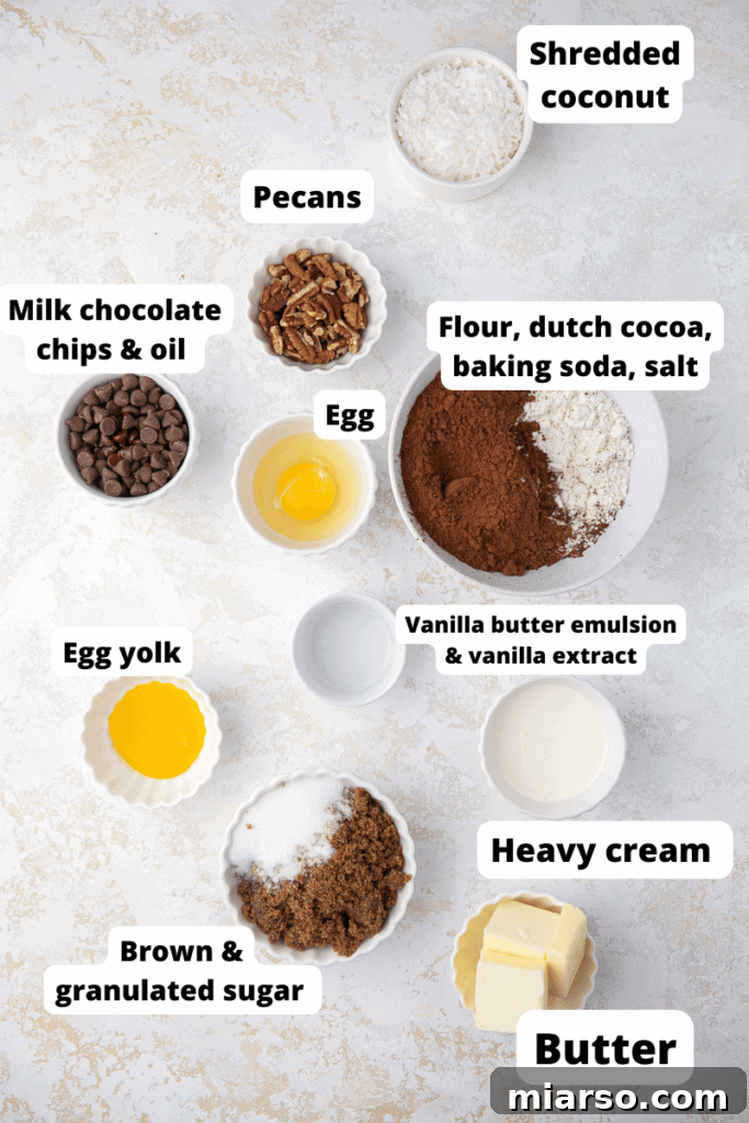 Ingredients for Crumbl German Chocolate cookies arranged neatly