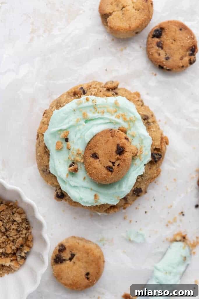 Overhead shot of Crumbl blue monster cookies with Chips Ahoy