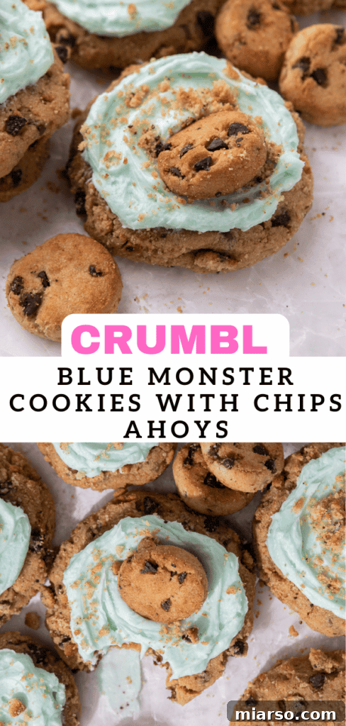 Crumbl Blue Monster Cookies with Chips Ahoy on a cooling rack
