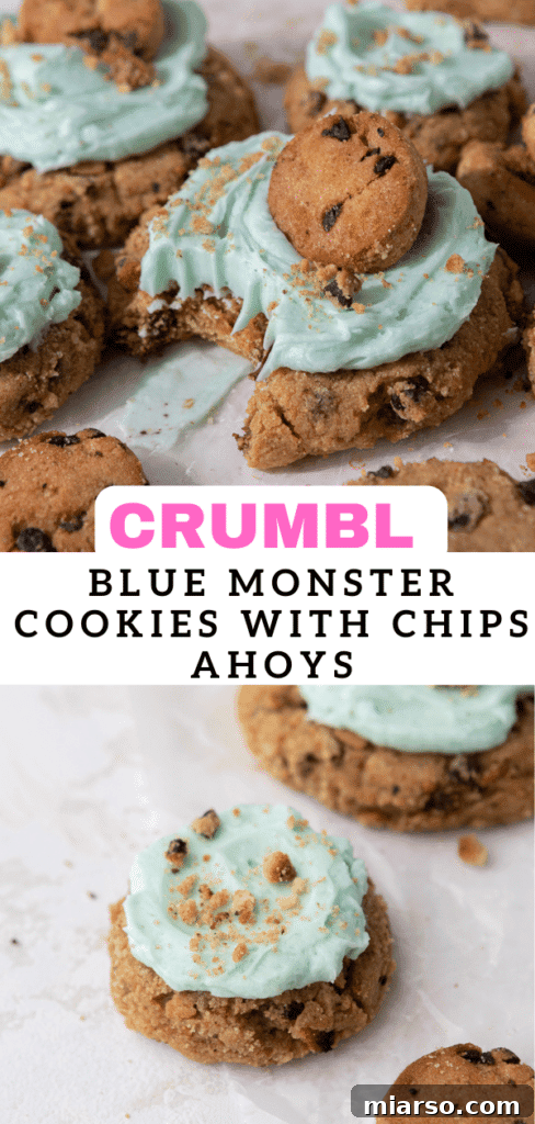 Stack of Crumbl Blue Monster Cookies with Chips Ahoy