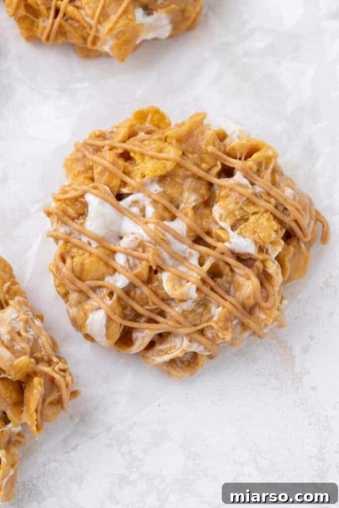 Overhead Crumbl No bake marshmallow peanut butter cornflake cookies 