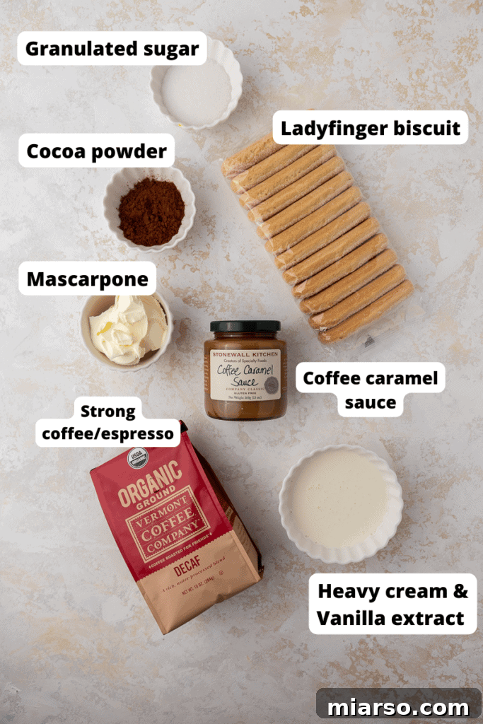 Caramel tiramisu cup ingredients laid out