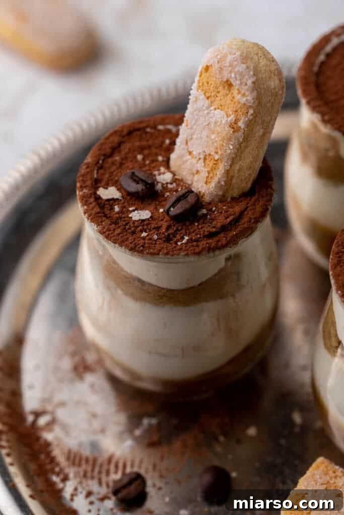 Caramel tiramisu with lady finger decoration and cocoa powder