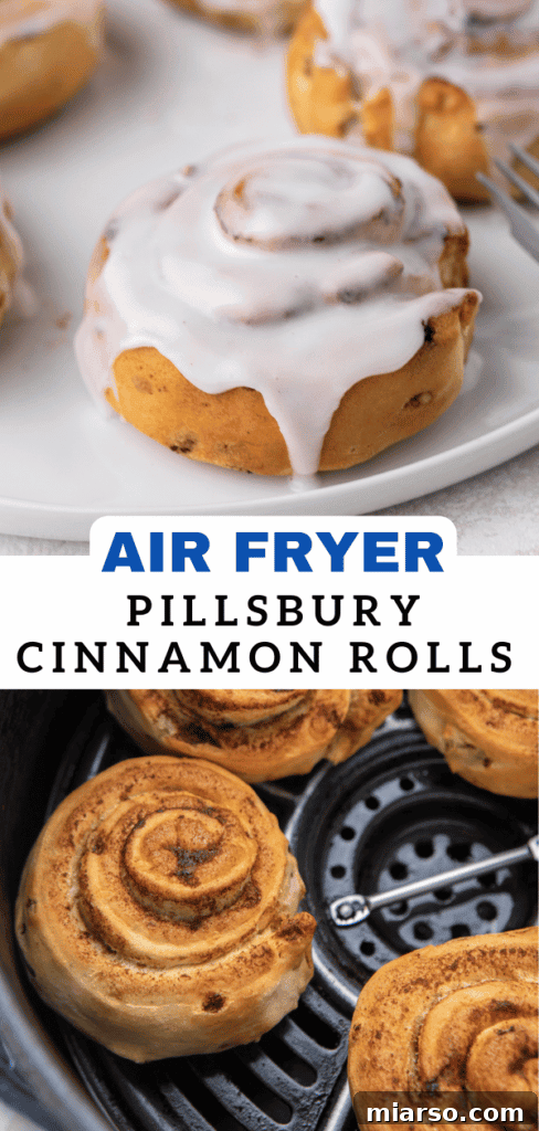 Pinterest pin for air fryer cinnamon rolls recipe, showing a stack of glazed rolls.