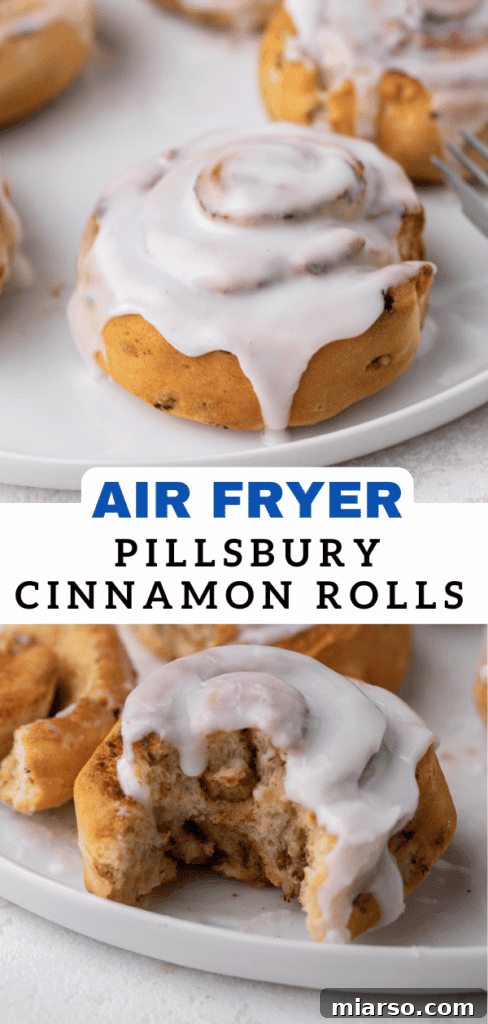 Pinterest pin for easy air fryer cinnamon rolls, highlighting speed and convenience.