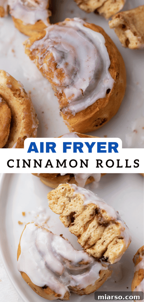 Pinterest pin featuring golden air-fried cinnamon rolls ready to be enjoyed.
