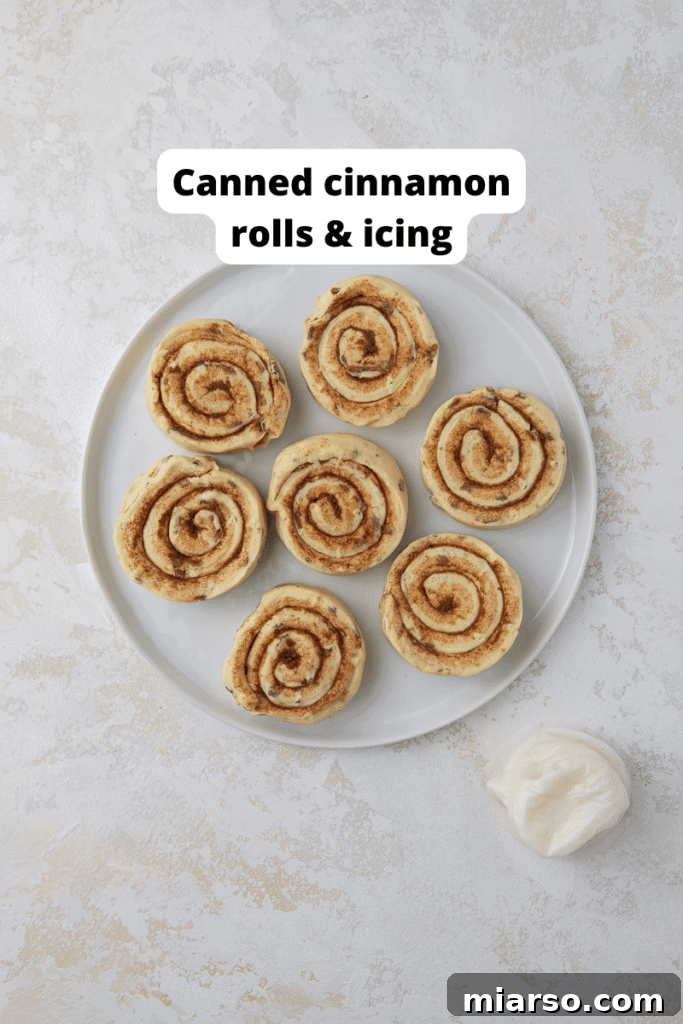 Simple ingredients for air fryer cinnamon rolls including canned rolls and cooking spray.