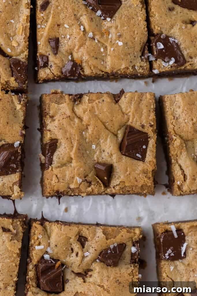 Close-up of blondies showing a desirable crackly shiny crust