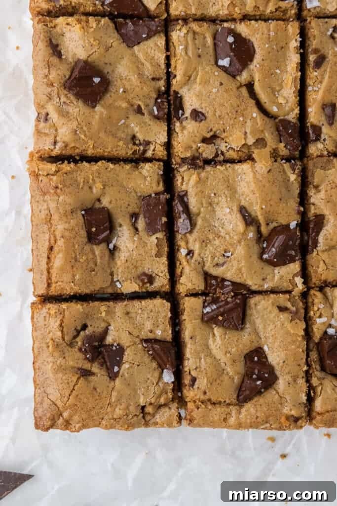 Overhead close up shot of freshly baked blondies with chocolate chunks