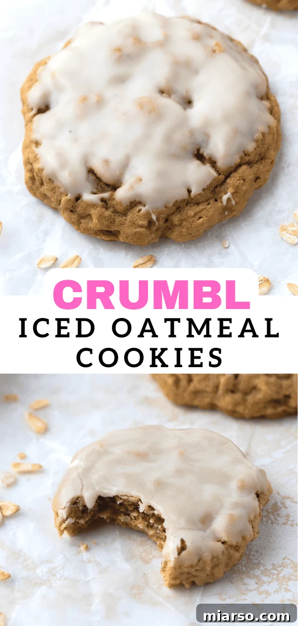 A stack of three iced oatmeal cookies with a perfect vanilla glaze, ready for pinning.