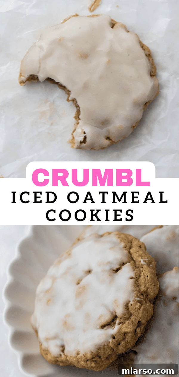 Close-up of a single Crumbl-style iced oatmeal cookie, showing its chewy texture and sweet glaze.