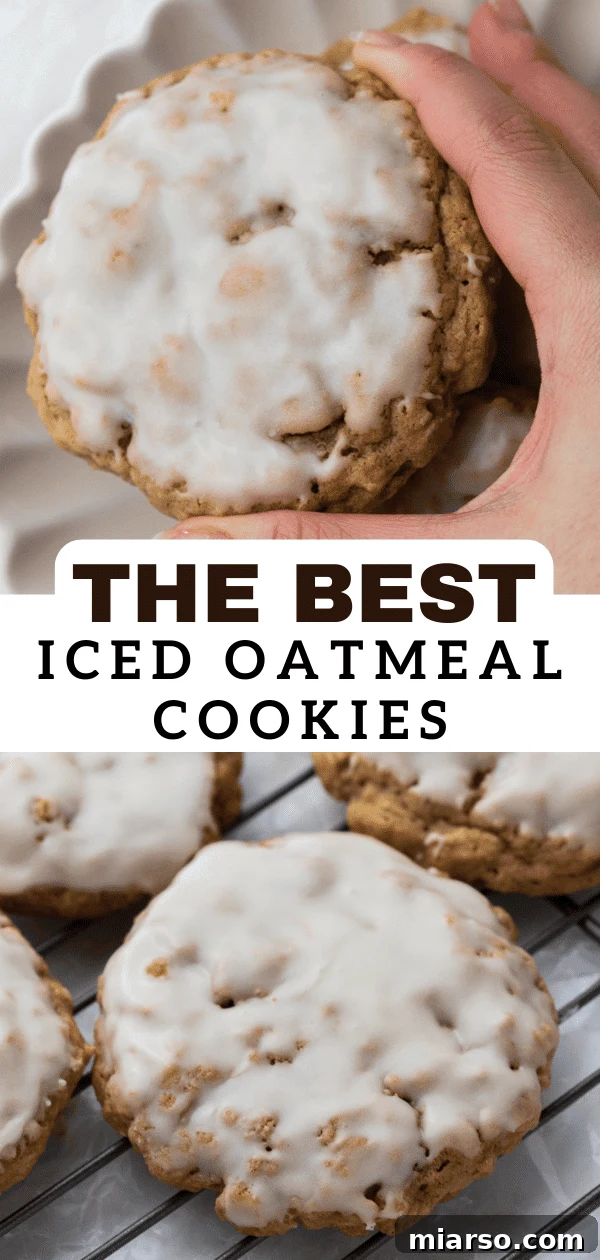 An artfully arranged shot of iced oatmeal cookies, perfect for a Pinterest pin.
