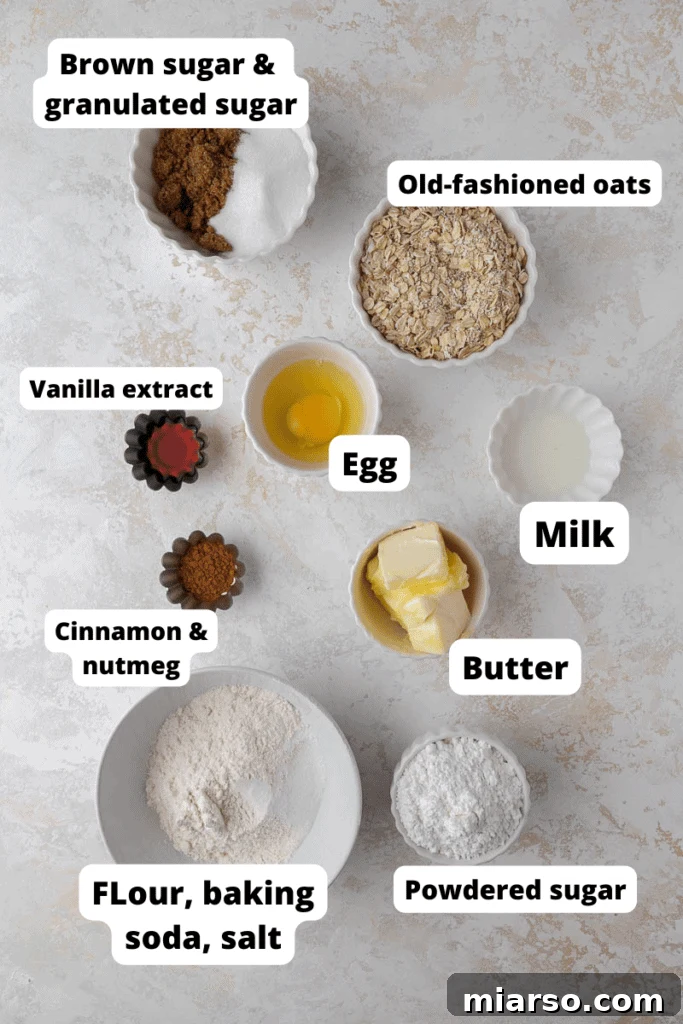 A collection of essential ingredients for making iced oatmeal cookies, neatly arranged.