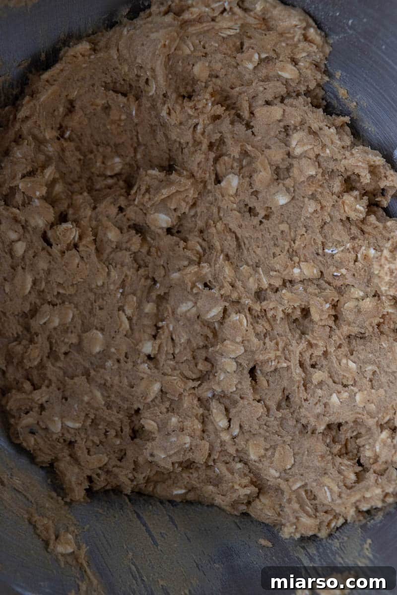 Oatmeal cookie dough with dry ingredients mixed in, ready for scooping.