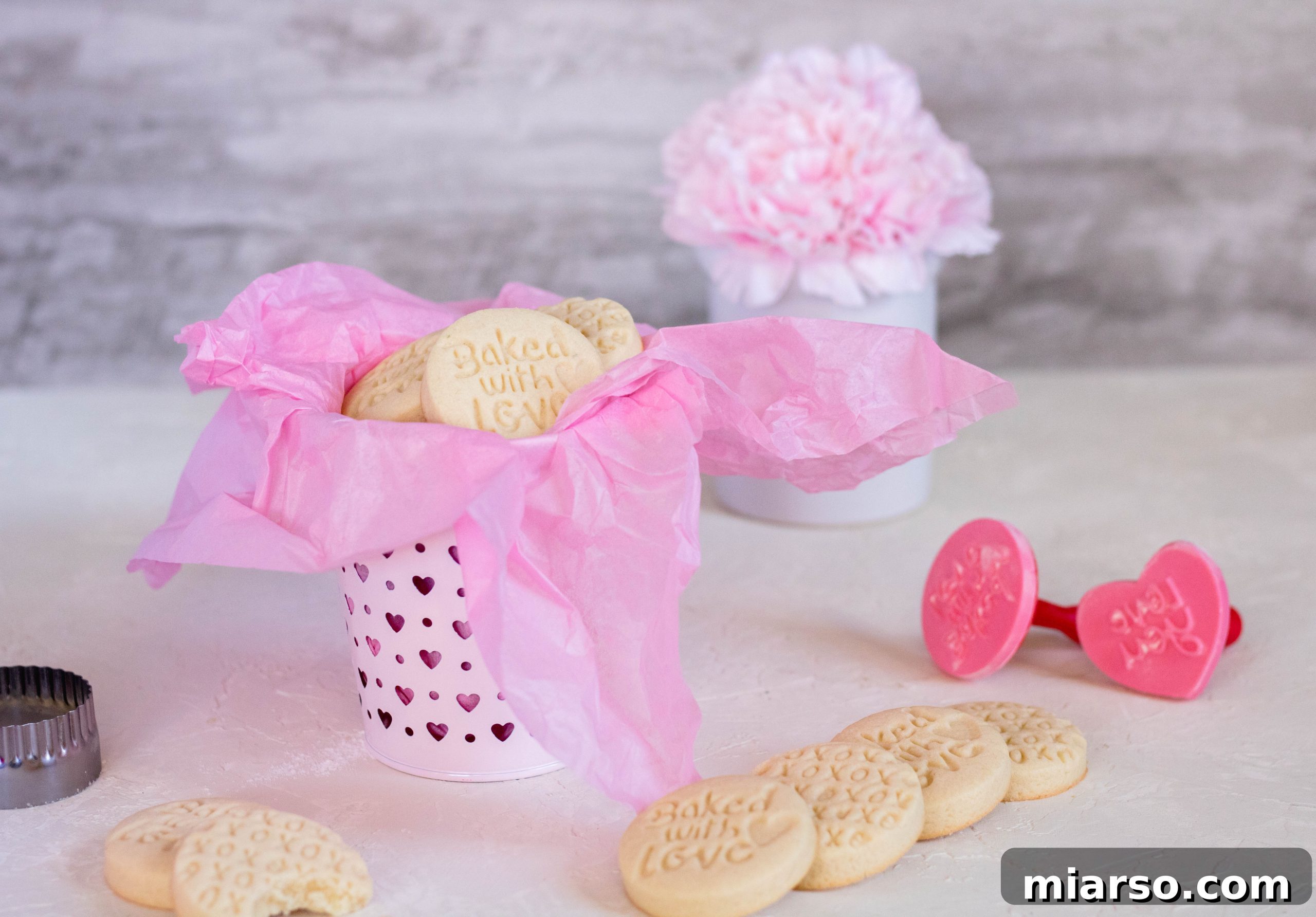 valentine's stamped shortbread cookies beautifully arranged