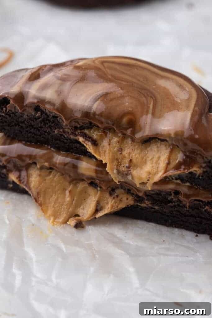 The Ultimate Peanut Butter Brownie Cookies 13 Close-up view of freshly baked peanut butter filled cookies with melted chocolate and peanut butter swirls