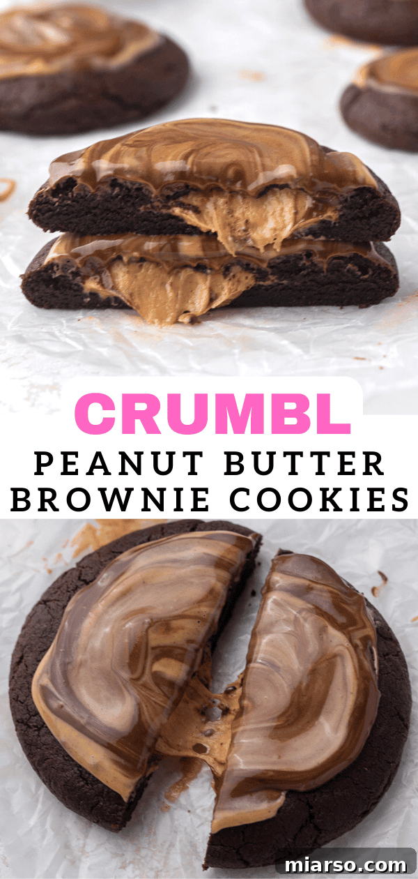 The Ultimate Peanut Butter Brownie Cookies 16 Crumbl peanut butter brownie cookies pin image showcasing the stuffed cookie
