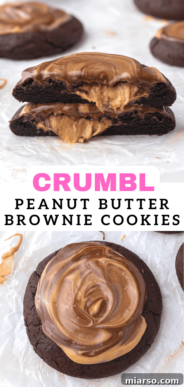 The Ultimate Peanut Butter Brownie Cookies 17 Crumbl peanut butter brownie cookies pin image with a top-down view of the decorated cookies