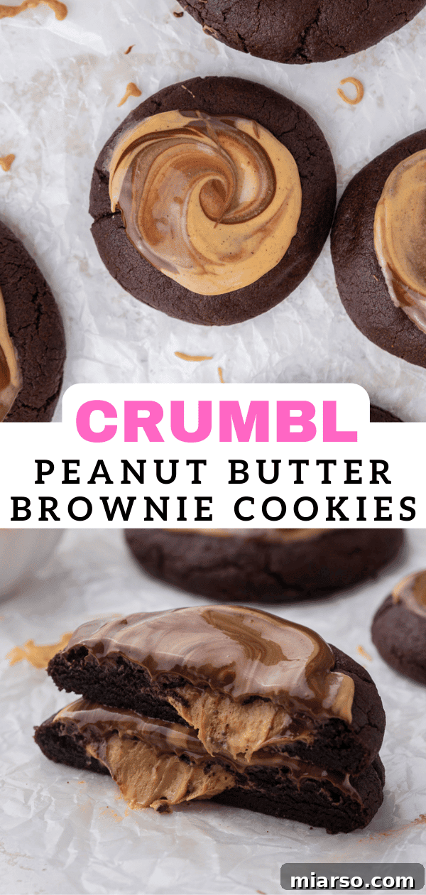 The Ultimate Peanut Butter Brownie Cookies 18 Crumbl peanut butter brownie cookies pin image featuring a tray of cookies and ingredients