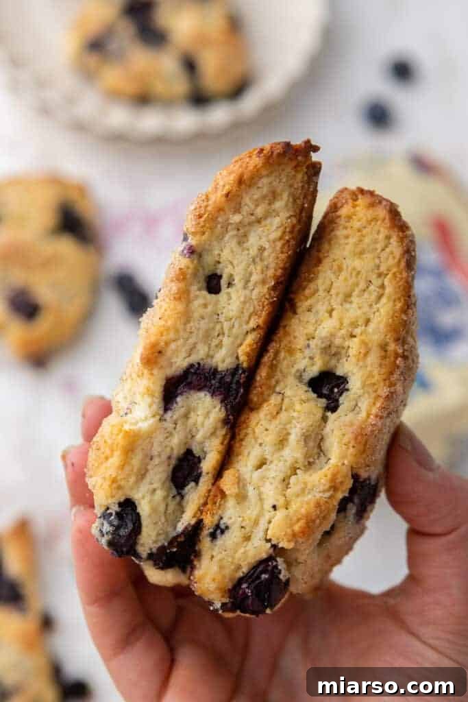 A hand holding a perfectly baked Starbucks blueberry scone.