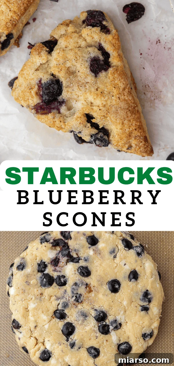 Pinterest pin image for Starbucks blueberry scones recipe, showing a scone with ingredients