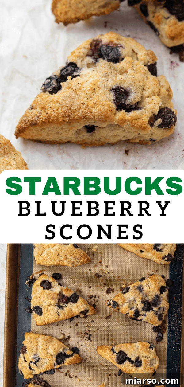 Pinterest pin image for Starbucks blueberry scones recipe, close up of a baked scone