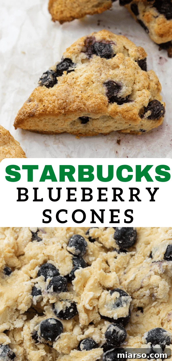 Pinterest pin image for Starbucks blueberry scones recipe, showing a plate of scones