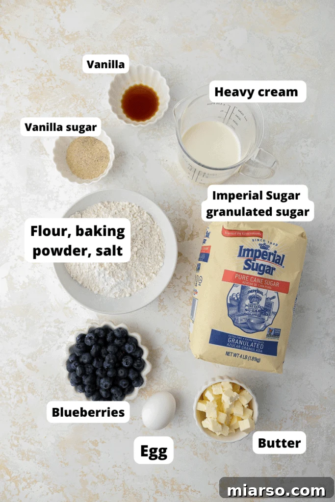 Arrangement of ingredients for Starbucks blueberry scones including flour, sugar, butter, and fresh blueberries.