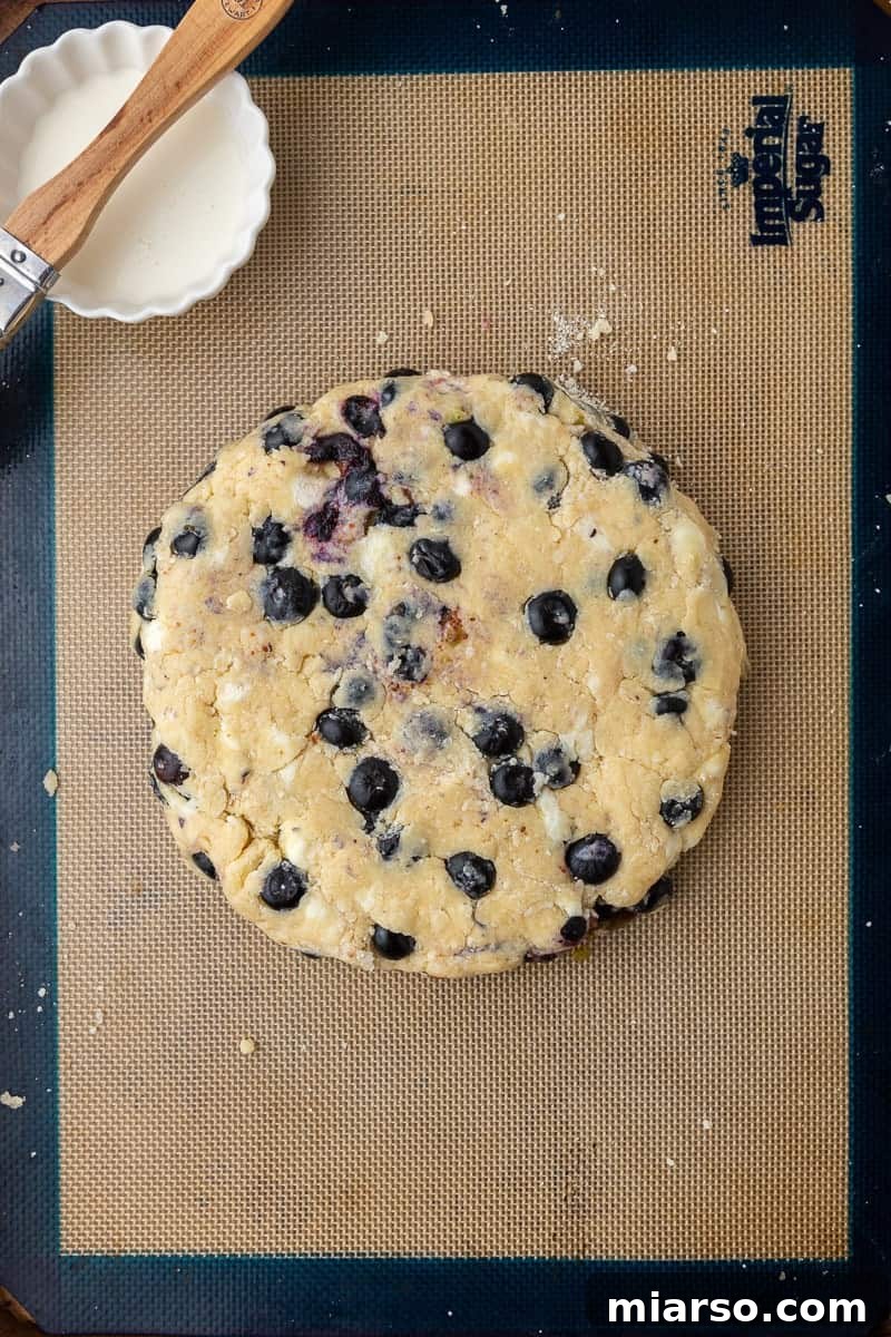 Shaped blueberry scones dough on a parchment-lined baking sheet