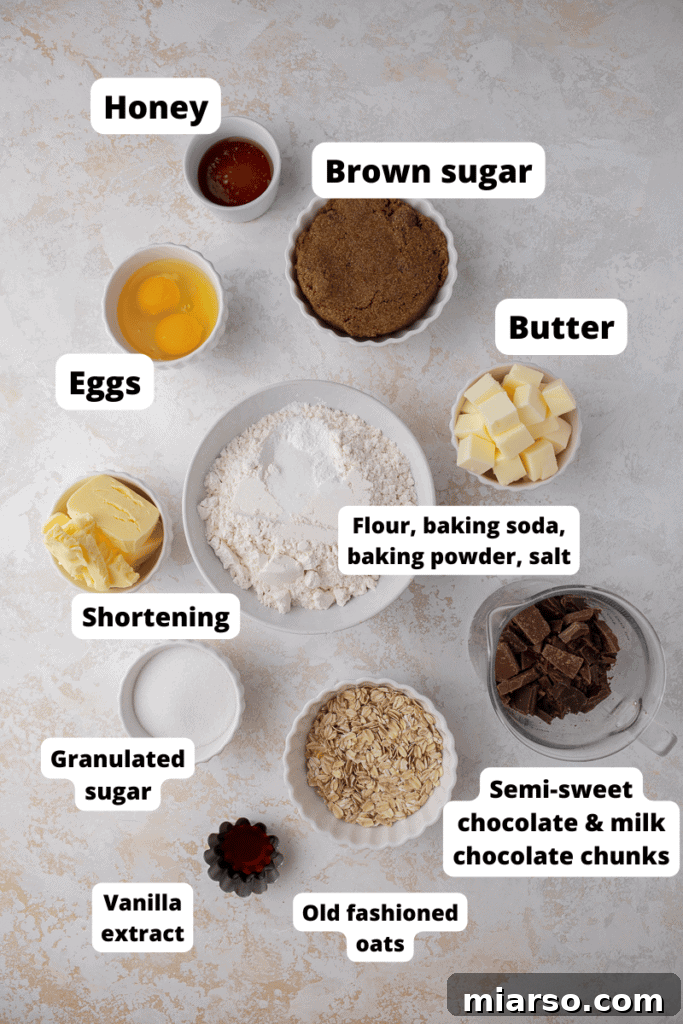 Various ingredients for Chick-fil-A chocolate chunk cookies, including butter, sugar, eggs, and chocolate.