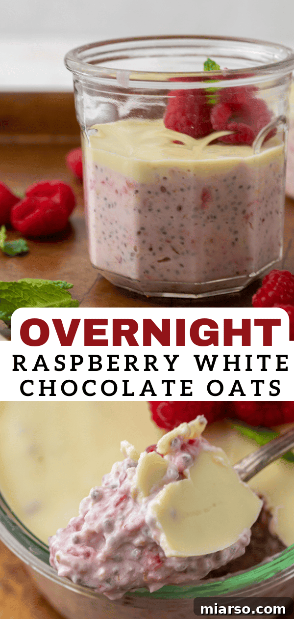 Overnight raspberry oats in a jar with white chocolate topping.