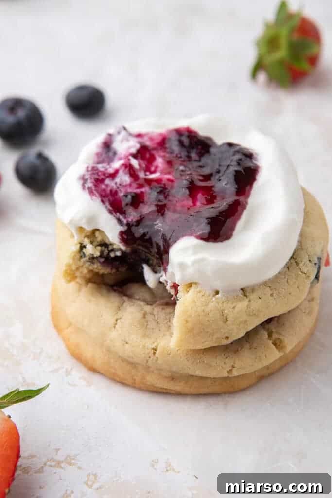 Two stacked Berries and Cream Cookies with whipped cream and berries