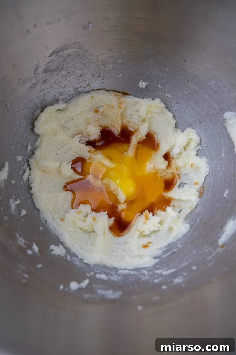 Creamed butter, granulated sugar, and powdered sugar in a mixing bowl for cookies