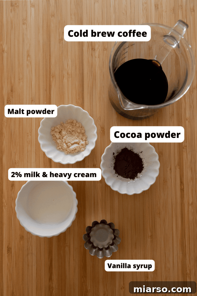 Mastering Starbucks Chocolate Cream Cold Brew at Home 3 A flat lay of ingredients for homemade Starbucks Chocolate Cream Cold Brew, including milk, cream, cold brew, and powders