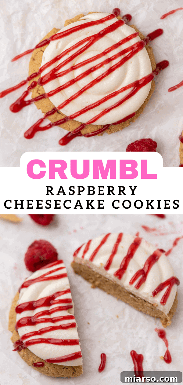 Crumbl Raspberry Cheesecake Cookie recipe pin featuring a beautifully frosted cookie with jam drizzle on a rustic background.