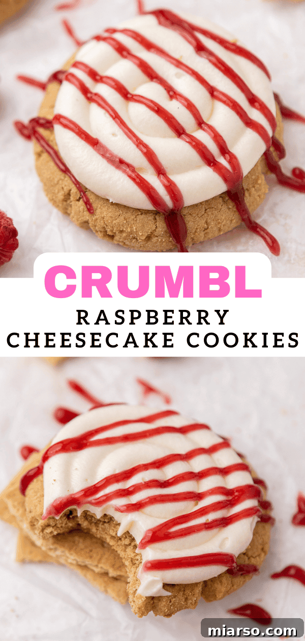 Pinterest pin for homemade Crumbl Raspberry Cheesecake Cookies, highlighting the ingredients and finished product.