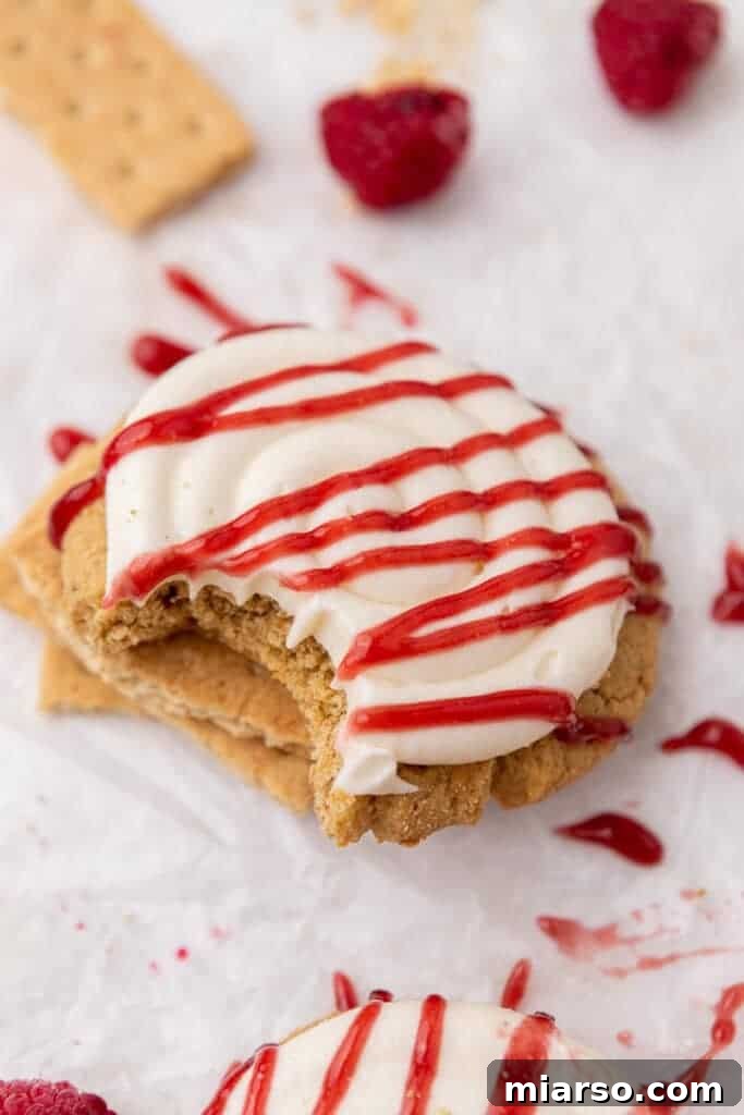 A single Crumbl Raspberry Cheesecake Cookie resting on a bed of graham cracker crumbs, highlighting its textured base and smooth frosting.