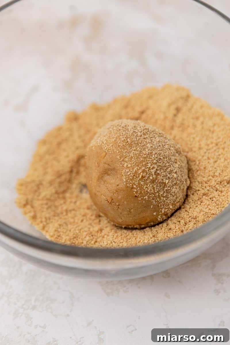 Cookie dough ball rolled in extra graham cracker crumbs, preparing for baking.