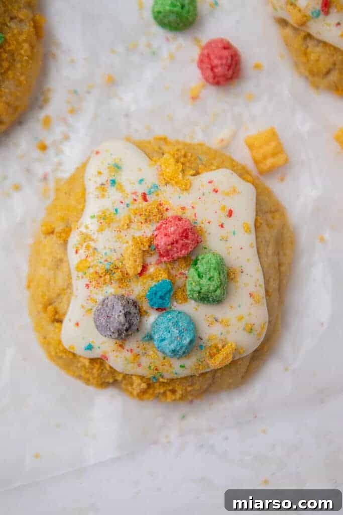 Homemade Crumbl Berry Crunch Cookie Perfection 13 A single Crumbl berry crunch cookie, beautifully glazed and topped with cereal.