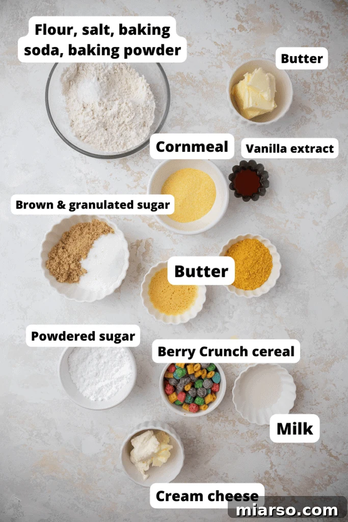 Homemade Crumbl Berry Crunch Cookie Perfection 4 Arrangement of ingredients for Crumbl Berry Crunch cookies, including butter, sugars, eggs, flour, cornmeal, and cereals.