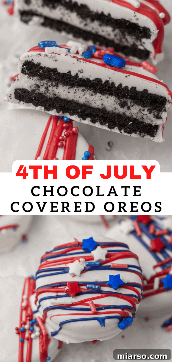 Red, White, & Blue Oreo Delights 12 Collage image of 4th of July Oreos Dipped in White Chocolate for Pinterest.
