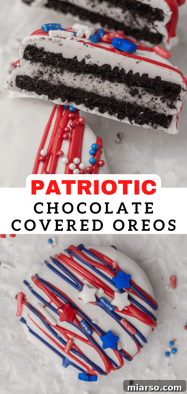 Red, White, & Blue Oreo Delights 13 Another Pinterest-optimized image of 4th of July Oreos Dipped in White Chocolate.