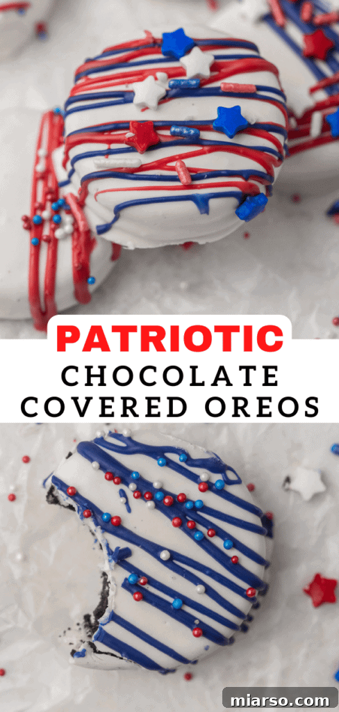 Red, White, & Blue Oreo Delights 14 Vertical image of 4th of July Oreos Dipped in White Chocolate for social media sharing.