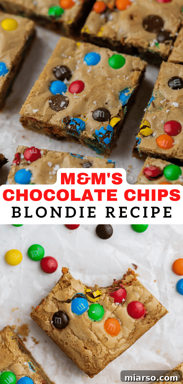 Chocolate chip m&m blondies pin image